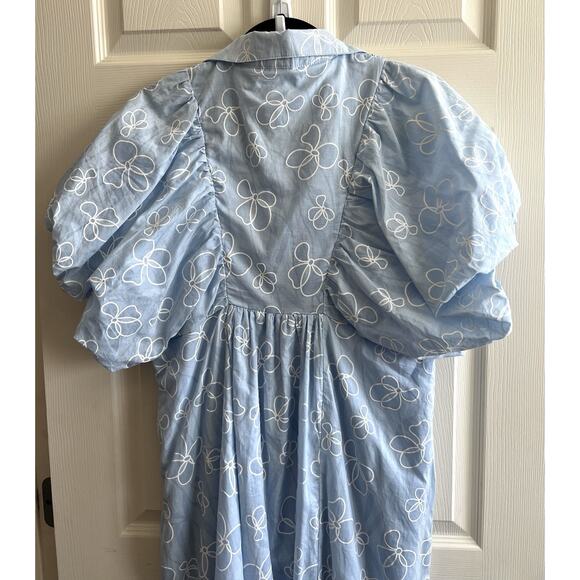 ANNIE WEAR Pale Blue Floral Smocked Puff Sleeve Button Shirt Midi Dress Sz L NWT - Picture 11 of 16